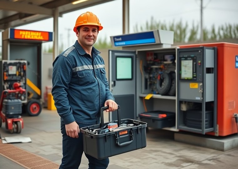 Equipo técnico trabajando sobre un terminal de autoservicio