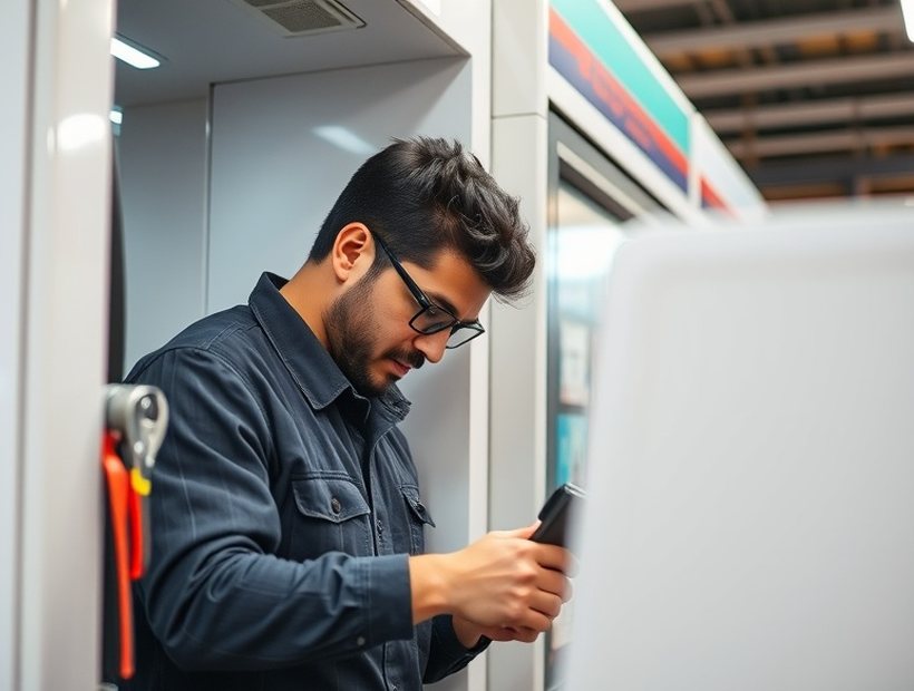 Técnico realizando el mantenimiento de un terminal de autoservicio