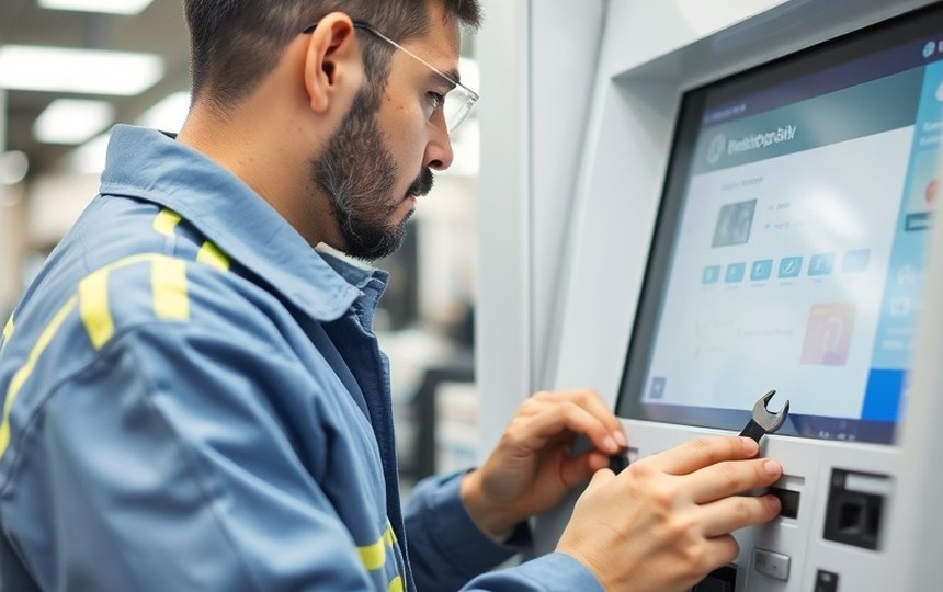 Equipo técnico trabajando sobre un terminal de autoservicio