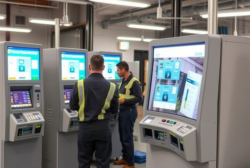 Técnico realizando el mantenimiento de un terminal de autoservicio